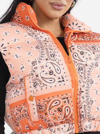 WOMEN'S SLEEVELESS ZIP UP FRONT POCKETS MULTI PRINT PUFFER VEST