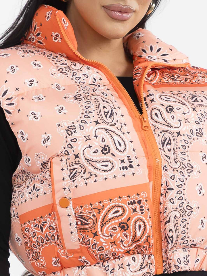 WOMEN'S SLEEVELESS ZIP UP FRONT POCKETS MULTI PRINT PUFFER VEST