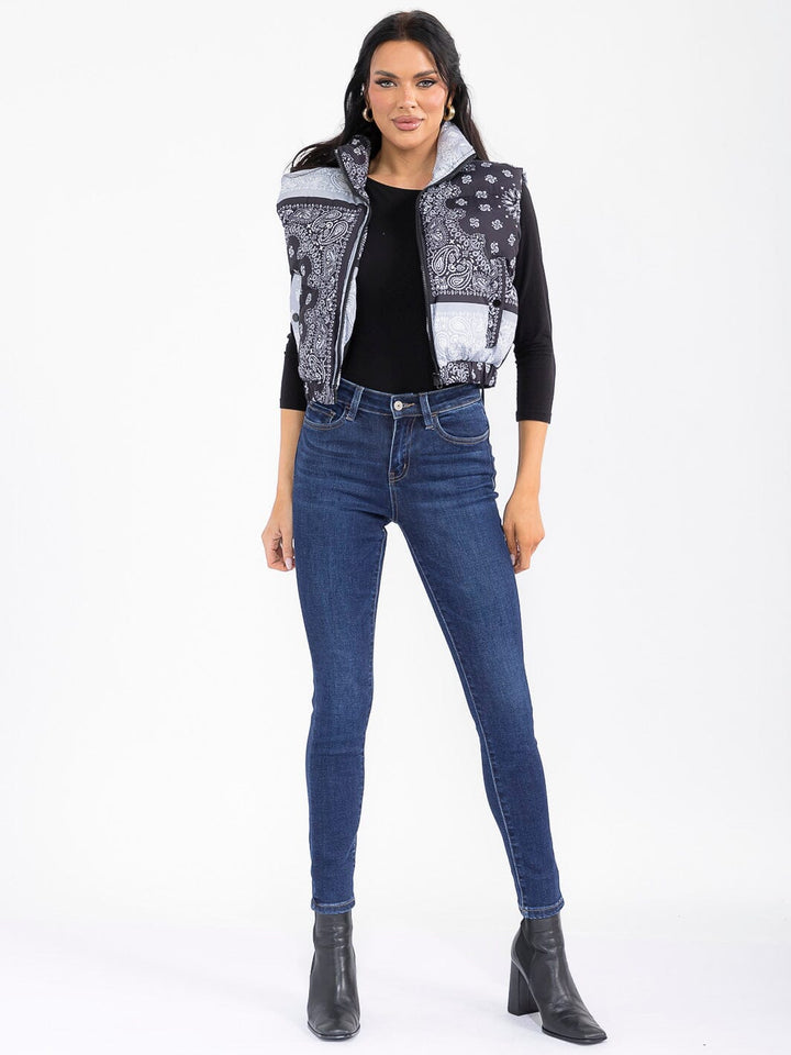 WOMEN'S SLEEVELESS ZIP UP FRONT POCKETS MULTI PRINT PUFFER VEST