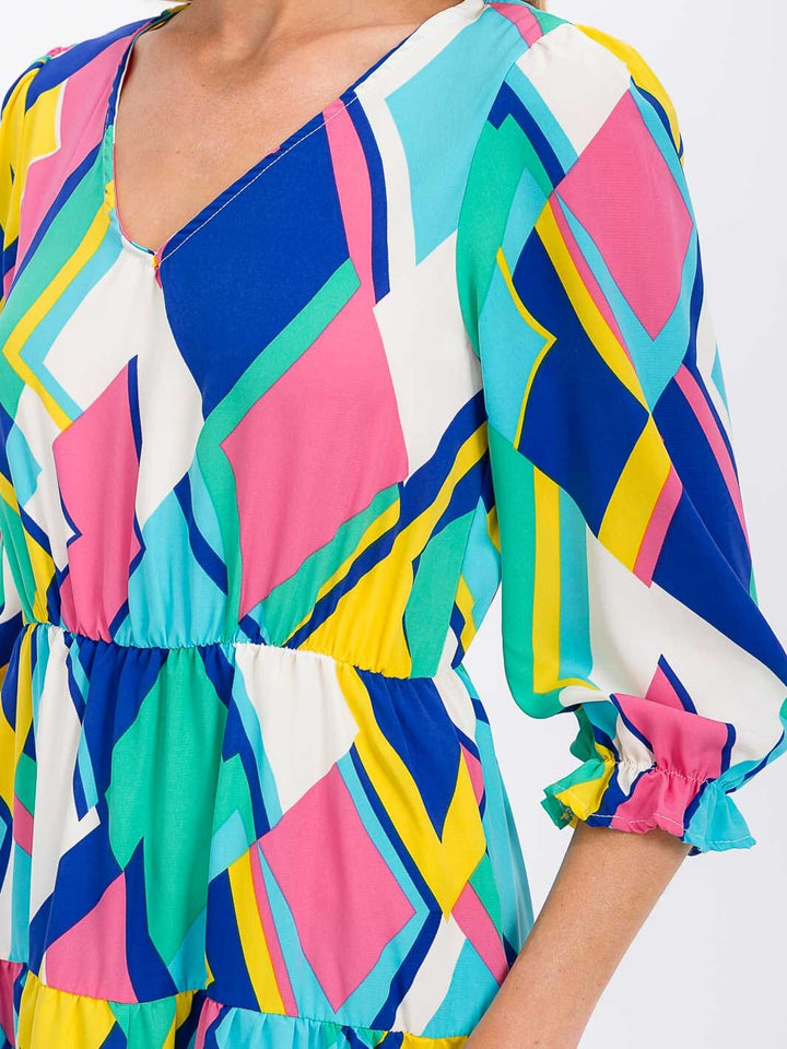 WOMEN'S 3/4 SLEEVE V-NECK ELASTIC WAIST MULTI PRINT MIDI DRESS