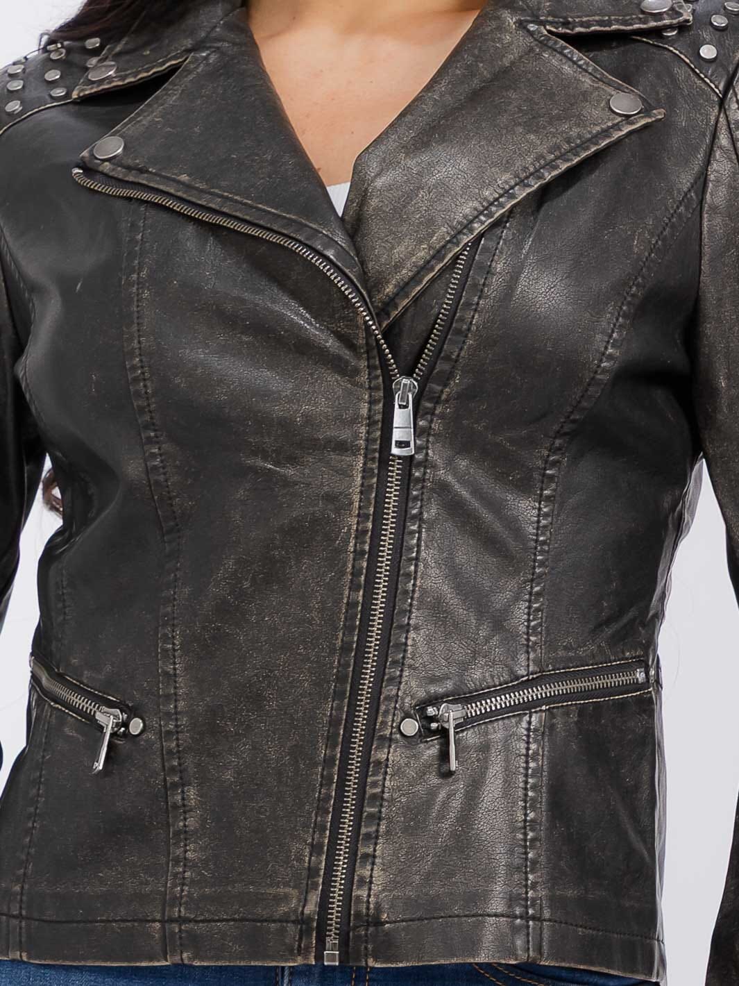 WOMEN'S LONG SLEEVE ZIPPER CLOSURE FRONT POCKETS STUDS PU PLEATHER JACKET