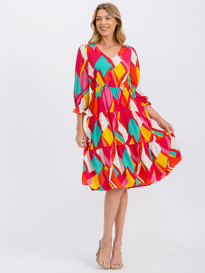 WOMEN'S 3/4 SLEEVE V-NECK ELASTIC WAIST MULTI PRINT MIDI DRESS