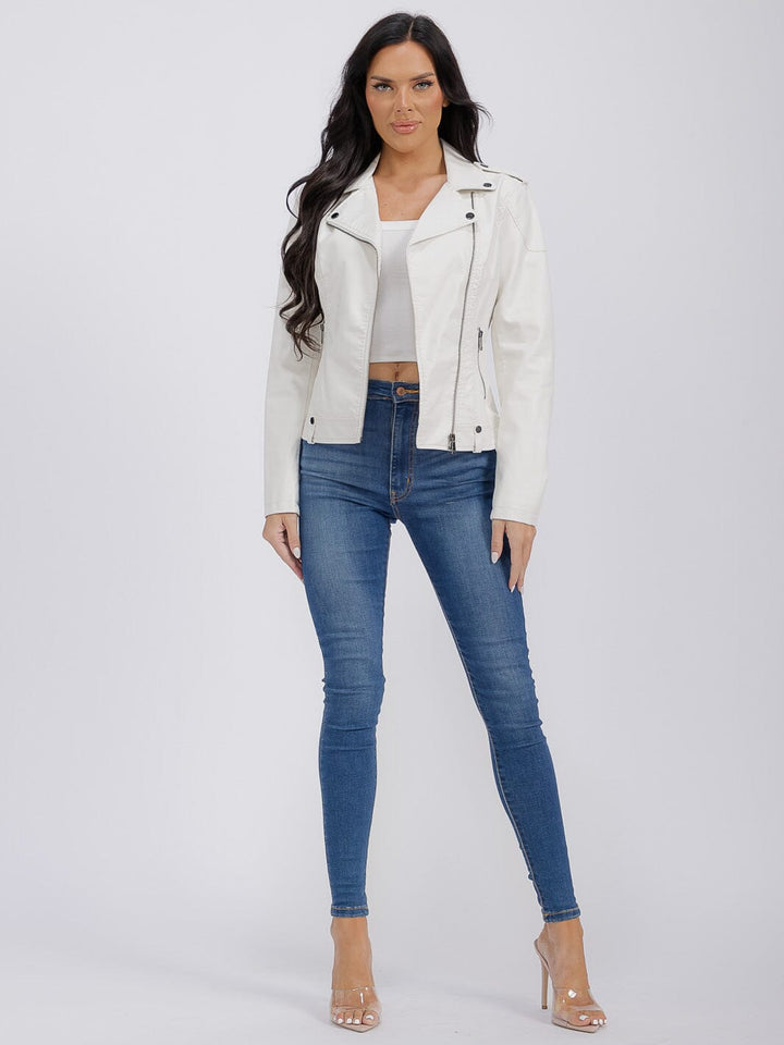 WOMEN'S LONG SLEEVE ZIPPER CLOSURE FRONT POCKETS PU PLEATHER JACKET