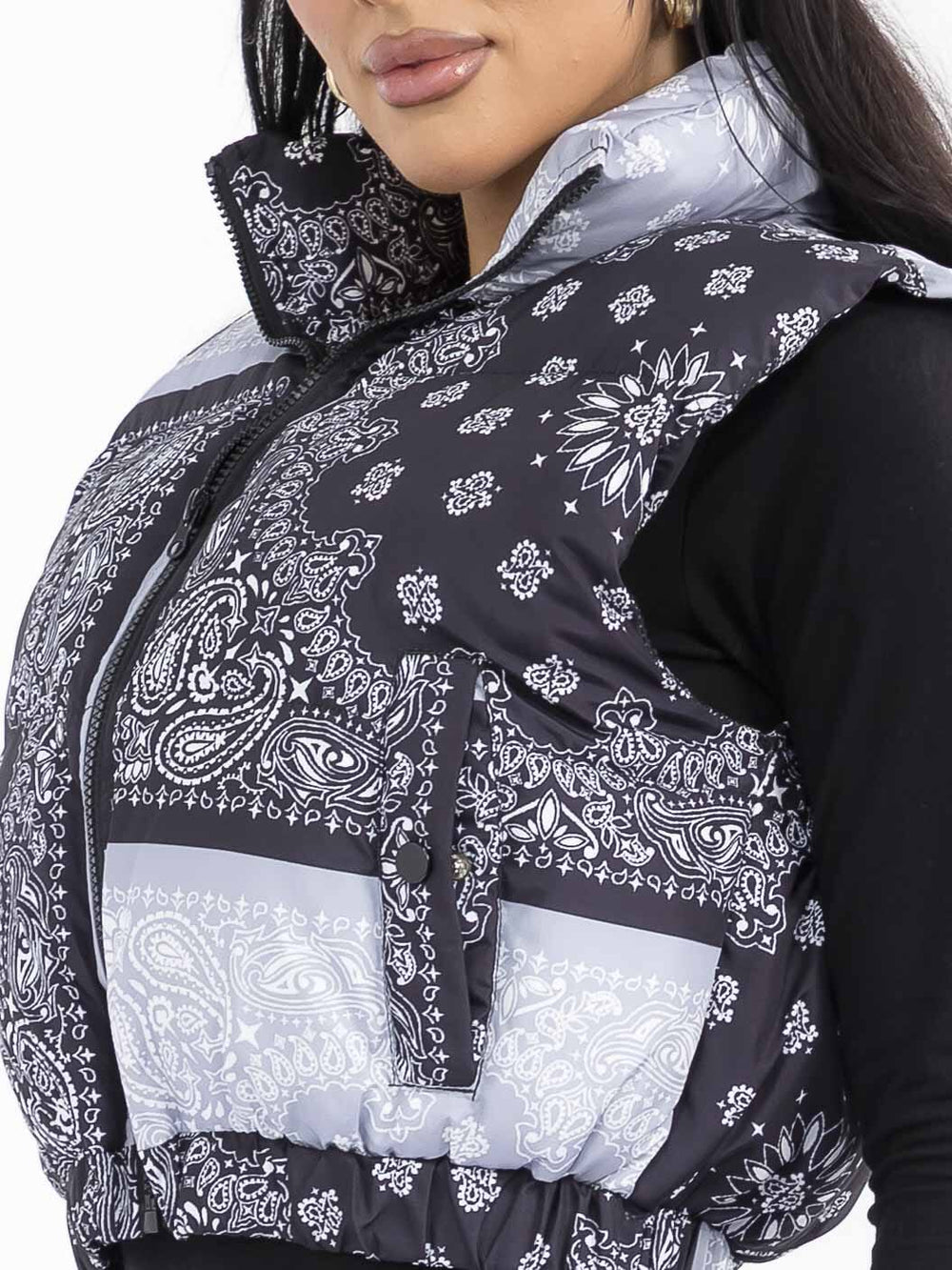 WOMEN'S SLEEVELESS ZIP UP FRONT POCKETS MULTI PRINT PUFFER VEST