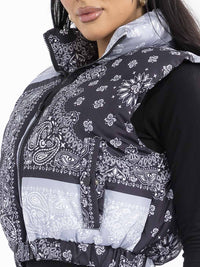 WOMEN'S SLEEVELESS ZIP UP FRONT POCKETS MULTI PRINT PUFFER VEST