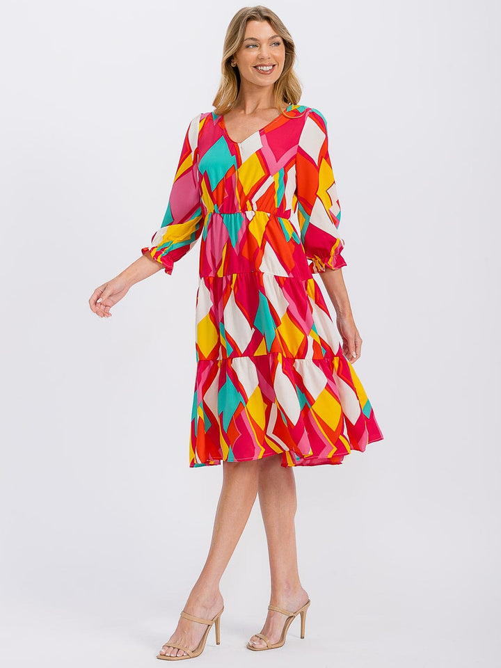 WOMEN'S 3/4 SLEEVE V-NECK ELASTIC WAIST MULTI PRINT MIDI DRESS