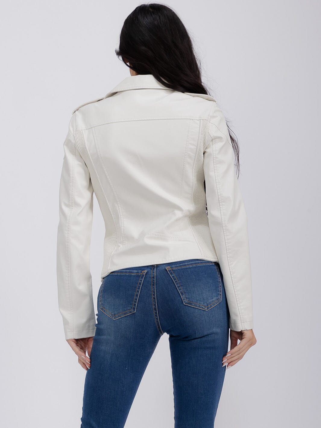WOMEN'S LONG SLEEVE ZIPPER CLOSURE FRONT POCKETS PU PLEATHER JACKET