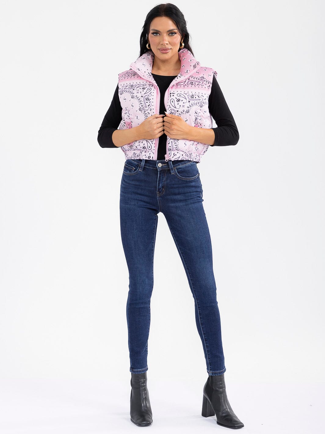 WOMEN'S SLEEVELESS ZIP UP FRONT POCKETS MULTI PRINT PUFFER VEST