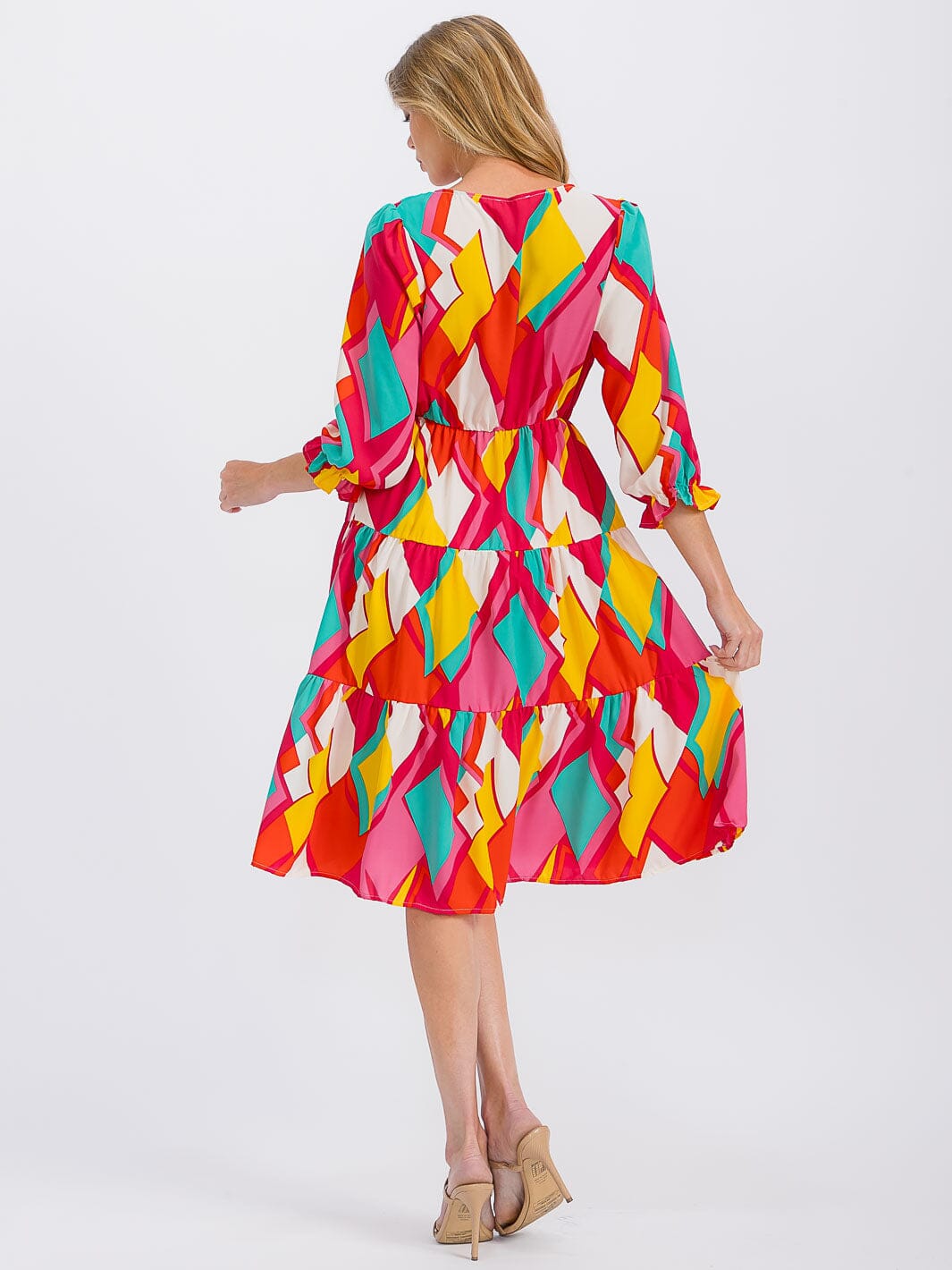 WOMEN'S 3/4 SLEEVE V-NECK ELASTIC WAIST MULTI PRINT MIDI DRESS