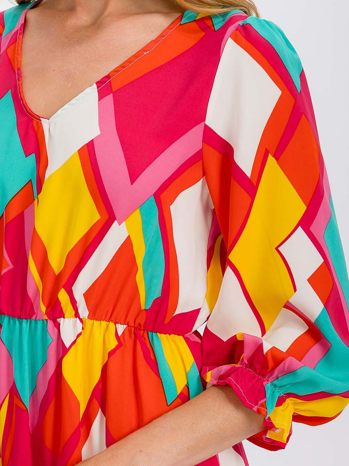 WOMEN'S 3/4 SLEEVE V-NECK ELASTIC WAIST MULTI PRINT MIDI DRESS