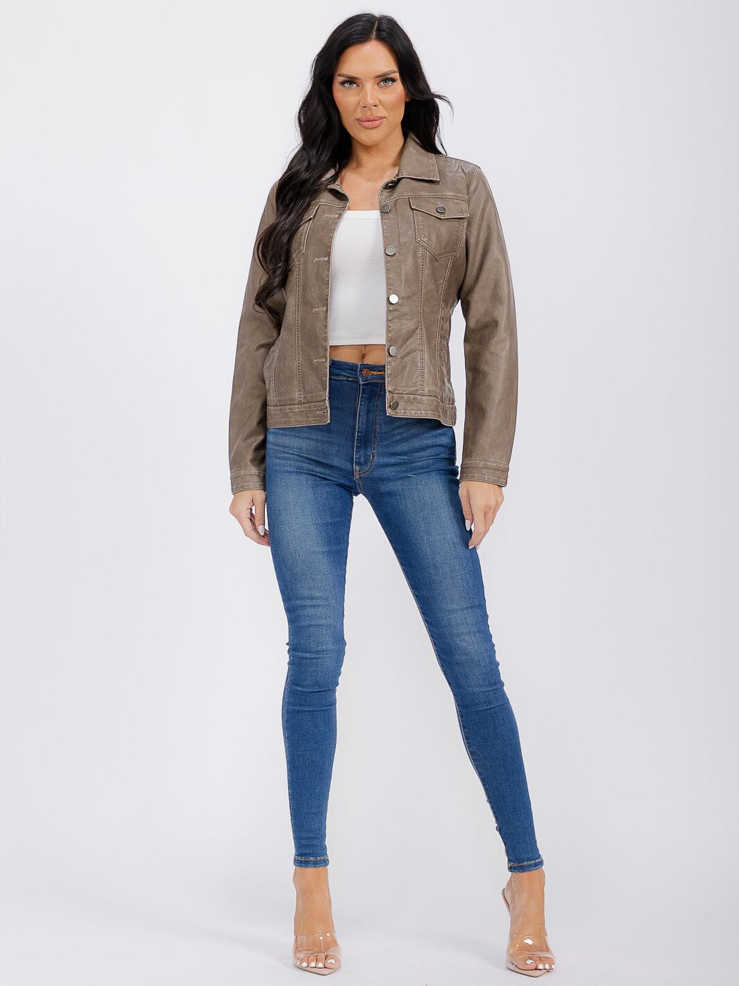 WOMEN'S LONG SLEEVE BUTTON CLOSURE FRONT POCKETS PU PLEATHER JACKET