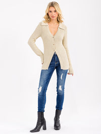 WOMEN'S LONG SLEEVE BUTTON UP V-NECK SHIMMER RIBBED BLOUSE