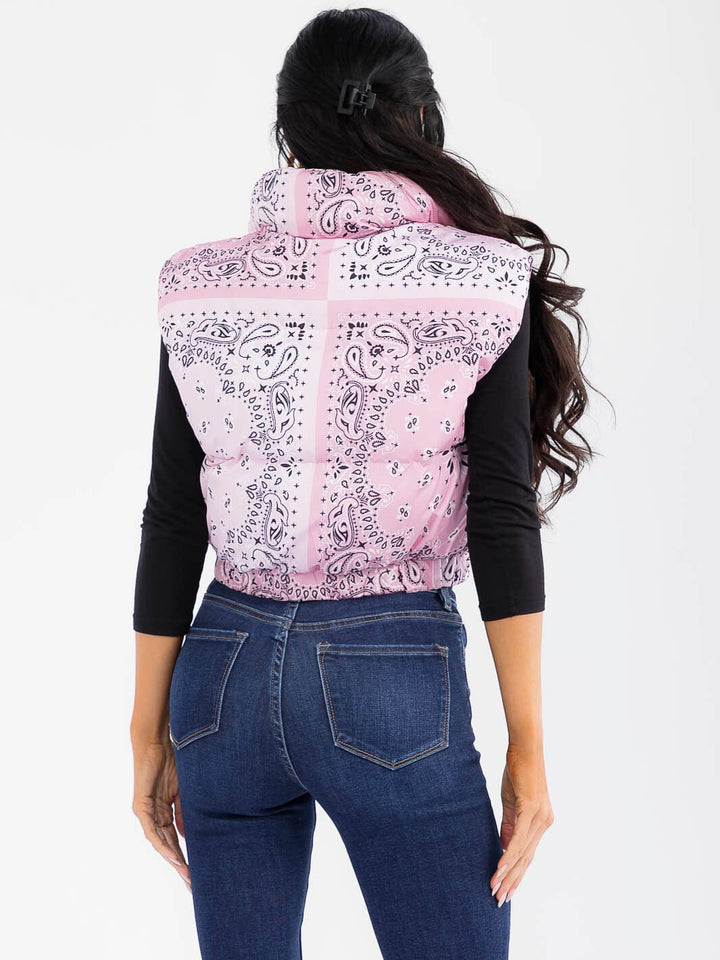 WOMEN'S SLEEVELESS ZIP UP FRONT POCKETS MULTI PRINT PUFFER VEST