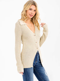WOMEN'S LONG SLEEVE BUTTON UP V-NECK SHIMMER RIBBED BLOUSE