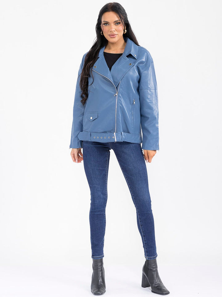 WOMEN'S LONG SLEEVE BUTTON CLOSURE FRONT POCKETS PU PLEATHER BELTED JACKET