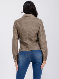 WOMEN'S LONG SLEEVE BUTTON CLOSURE FRONT POCKETS PU PLEATHER JACKET