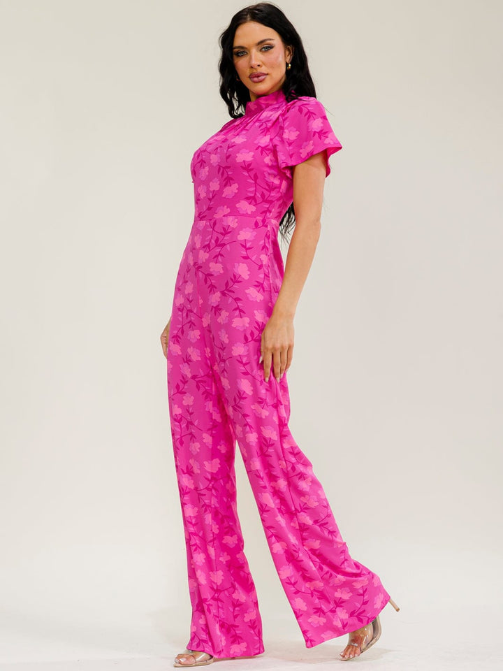 WOMEN'S SHORT SLEEVE MOCK NECK FLORAL PRINT WIDE LEG JUMPSUIT