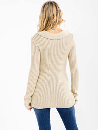 WOMEN'S LONG SLEEVE BUTTON UP V-NECK SHIMMER RIBBED BLOUSE