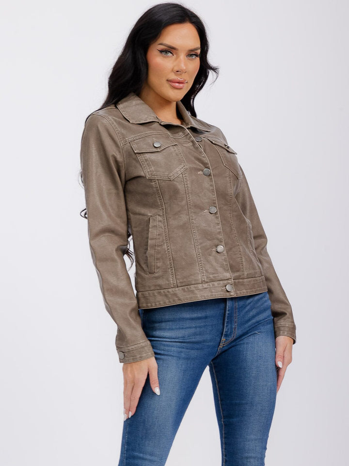 WOMEN'S LONG SLEEVE BUTTON CLOSURE FRONT POCKETS PU PLEATHER JACKET