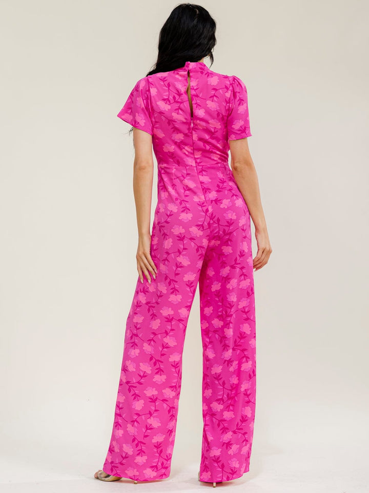 WOMEN'S SHORT SLEEVE MOCK NECK FLORAL PRINT WIDE LEG JUMPSUIT