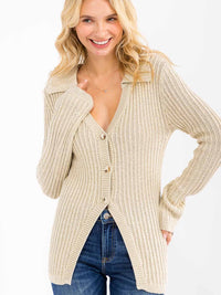 WOMEN'S LONG SLEEVE BUTTON UP V-NECK SHIMMER RIBBED BLOUSE