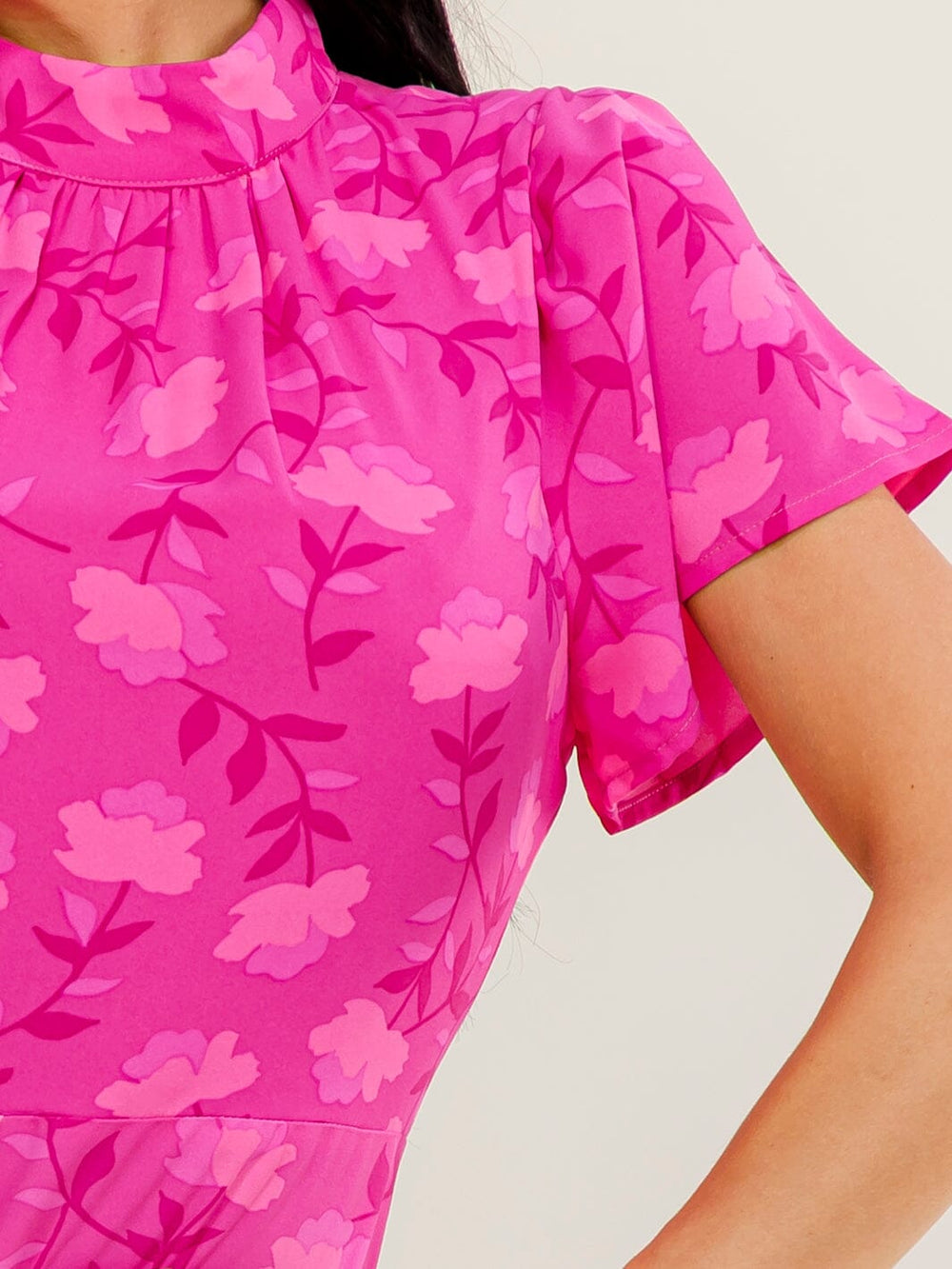 WOMEN'S SHORT SLEEVE MOCK NECK FLORAL PRINT WIDE LEG JUMPSUIT