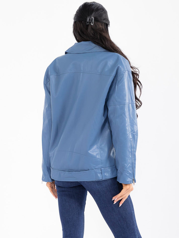 WOMEN'S LONG SLEEVE BUTTON CLOSURE FRONT POCKETS PU PLEATHER BELTED JACKET