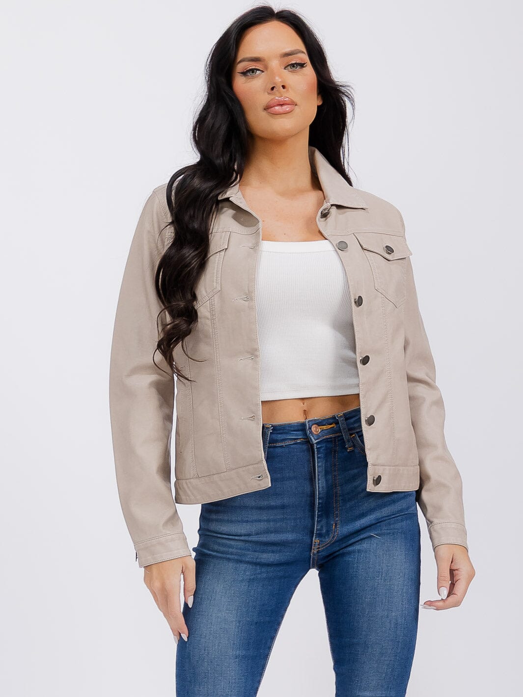 WOMEN'S LONG SLEEVE BUTTON CLOSURE FRONT POCKETS PU PLEATHER JACKET