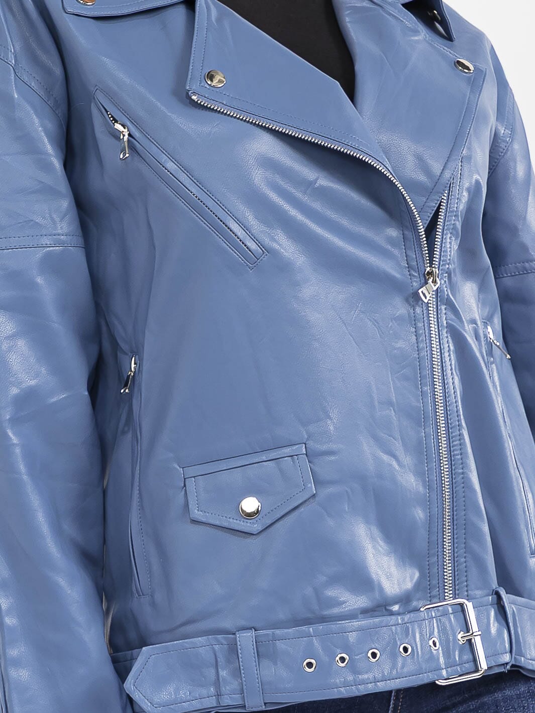 WOMEN'S LONG SLEEVE BUTTON CLOSURE FRONT POCKETS PU PLEATHER BELTED JACKET