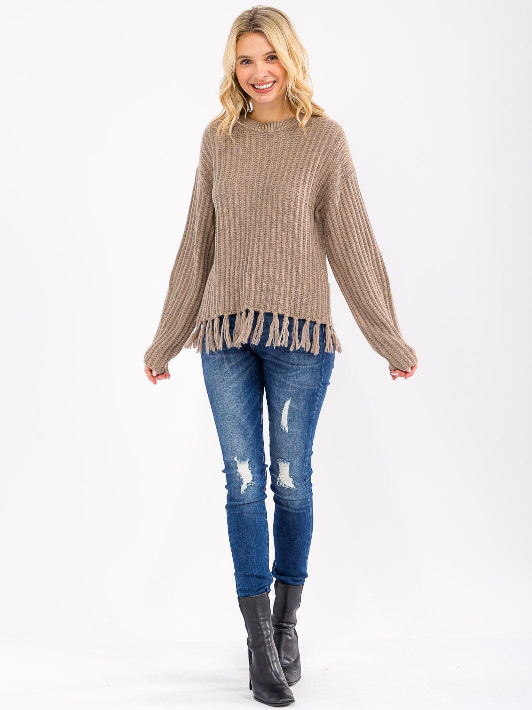 WOMEN'S LONG SLEEVE FRINGE TRIM PULLOVER KNIT SWEATER