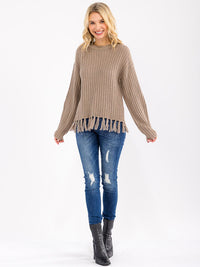 WOMEN'S LONG SLEEVE FRINGE TRIM PULLOVER KNIT SWEATER