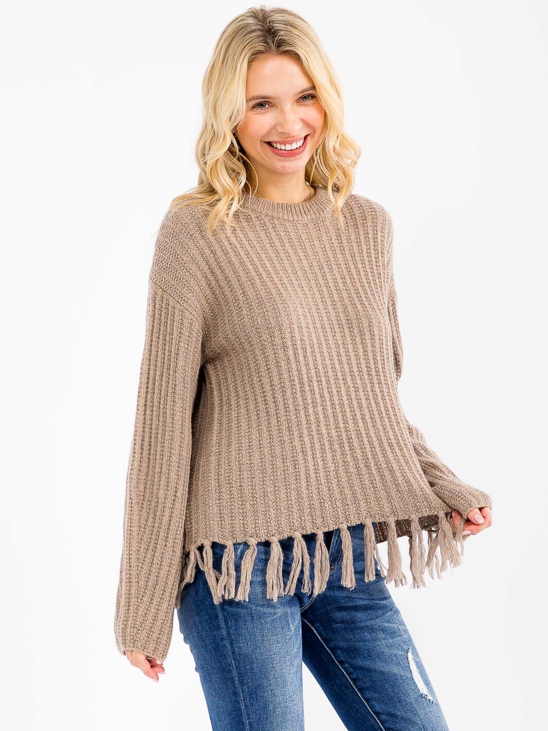 WOMEN'S LONG SLEEVE FRINGE TRIM PULLOVER KNIT SWEATER