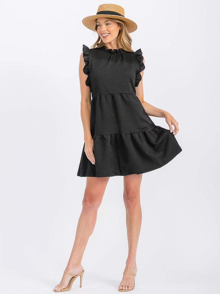 WOMEN'S RUFFLE SLEEVE FRONT POCKETS TIERED MINI DRESS
