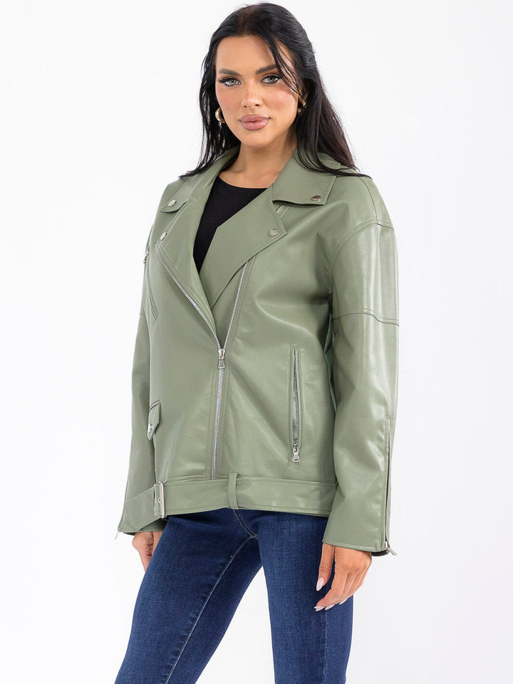 WOMEN'S LONG SLEEVE BUTTON CLOSURE FRONT POCKETS PU PLEATHER BELTED JACKET