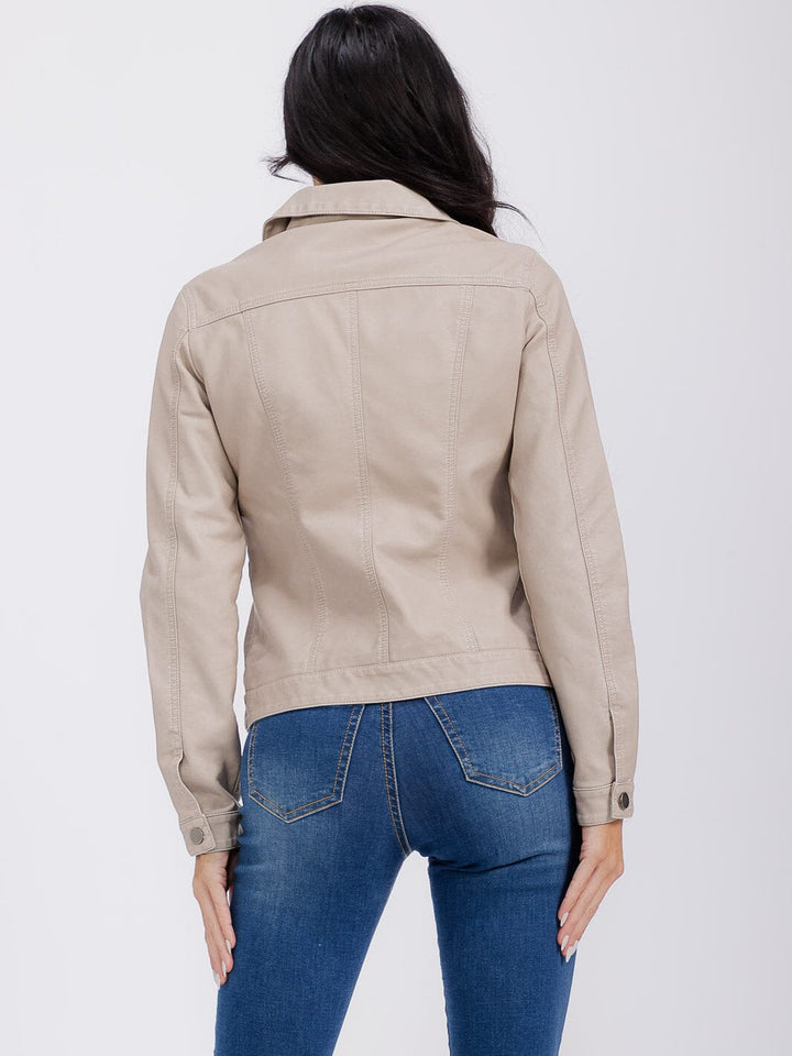 WOMEN'S LONG SLEEVE BUTTON CLOSURE FRONT POCKETS PU PLEATHER JACKET