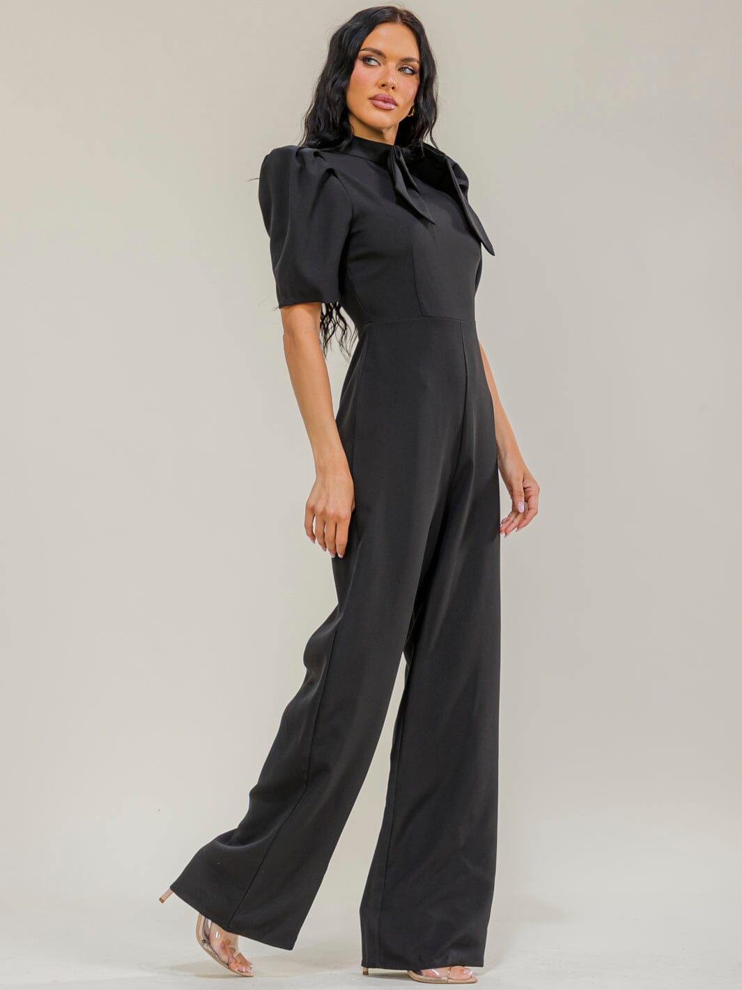 WOMEN'S SHORT PUFF SLEEVE BOW MOCK NECK WIDE LEG JUMPSUIT