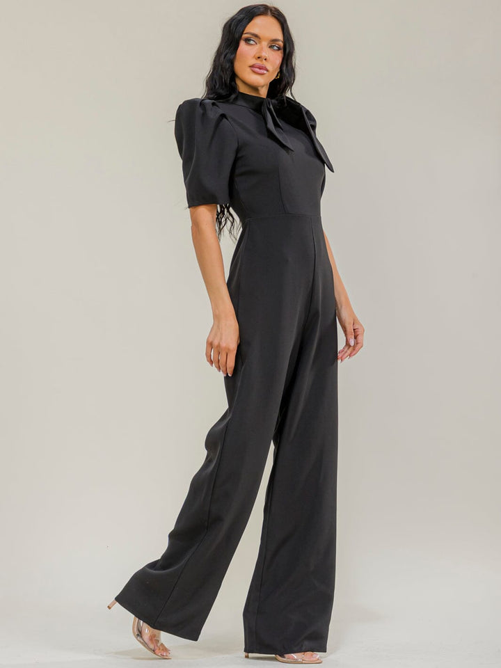 WOMEN'S SHORT PUFF SLEEVE BOW MOCK NECK WIDE LEG JUMPSUIT
