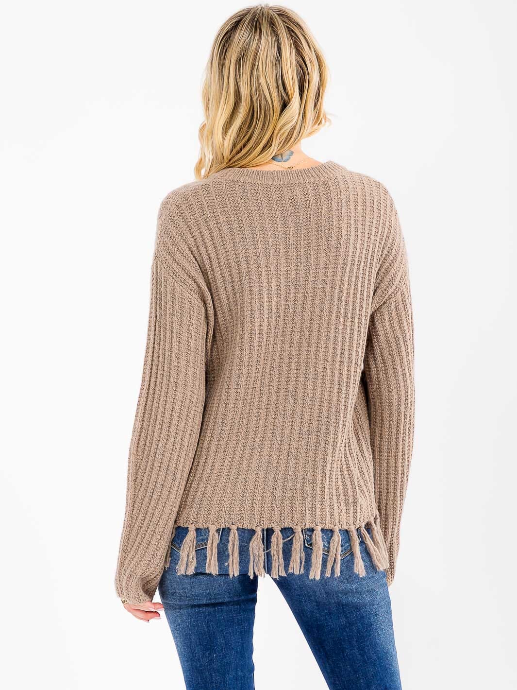 WOMEN'S LONG SLEEVE FRINGE TRIM PULLOVER KNIT SWEATER