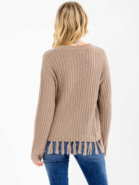 WOMEN'S LONG SLEEVE FRINGE TRIM PULLOVER KNIT SWEATER
