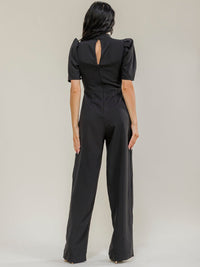 WOMEN'S SHORT PUFF SLEEVE BOW MOCK NECK WIDE LEG JUMPSUIT
