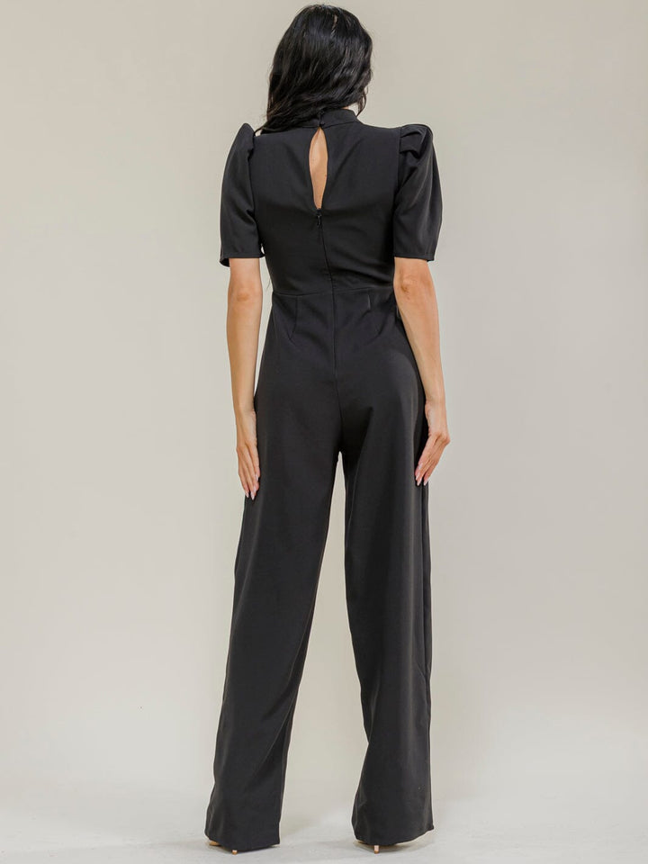 WOMEN'S SHORT PUFF SLEEVE BOW MOCK NECK WIDE LEG JUMPSUIT