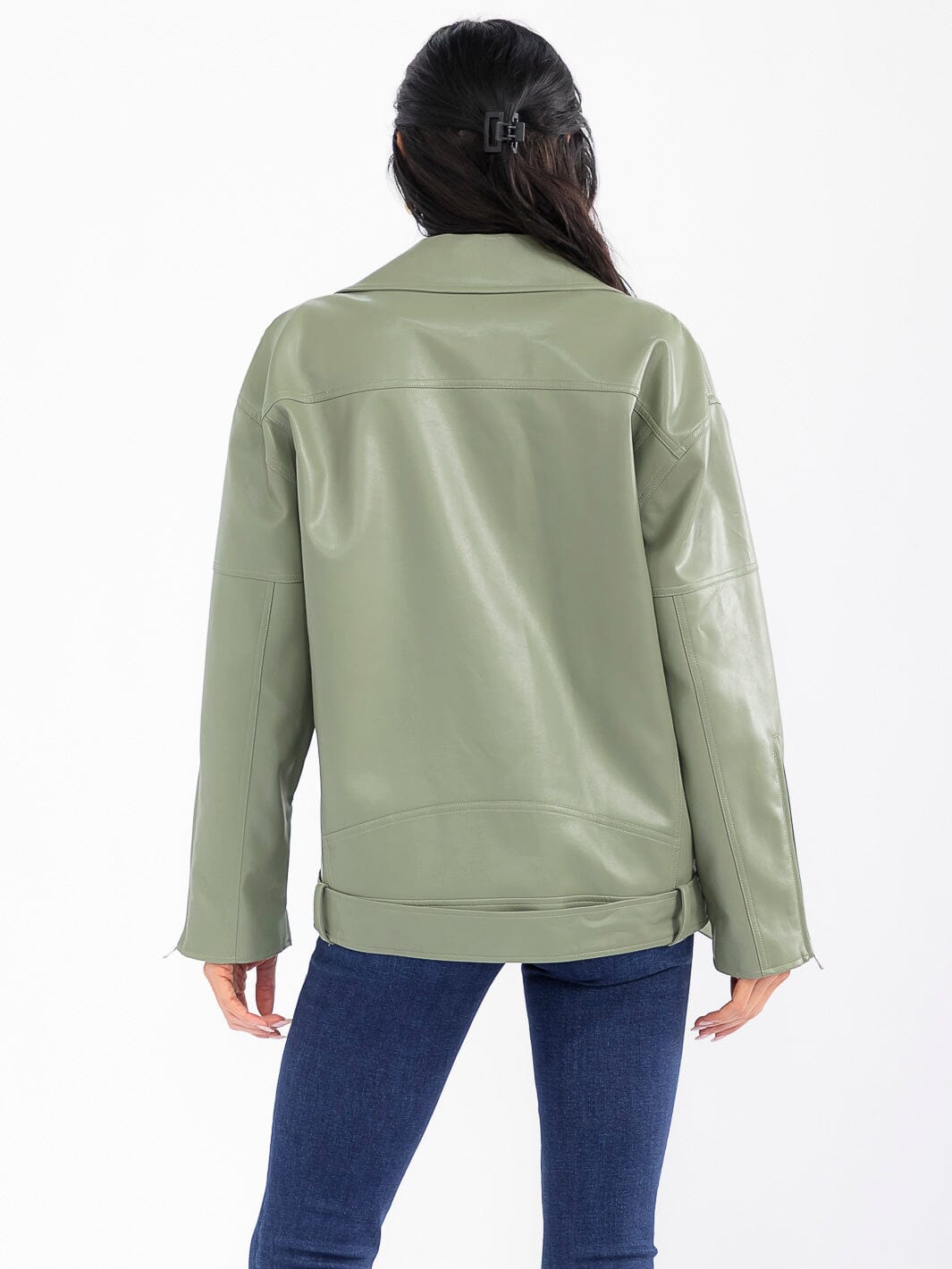 WOMEN'S LONG SLEEVE BUTTON CLOSURE FRONT POCKETS PU PLEATHER BELTED JACKET