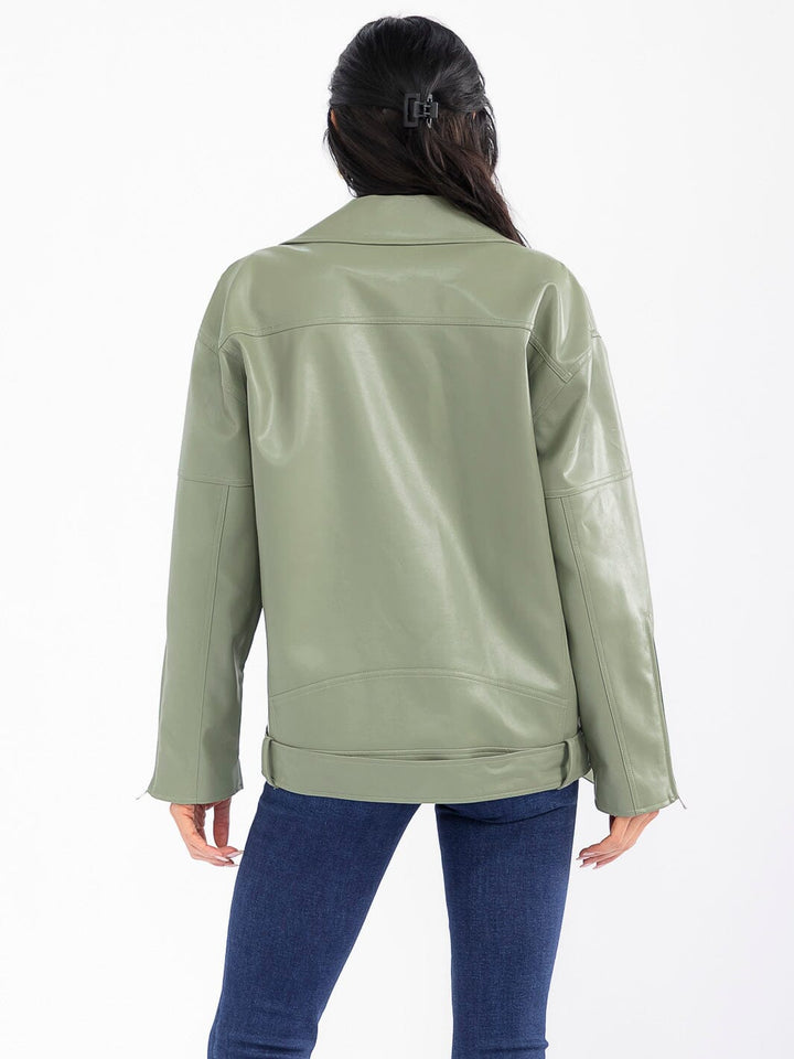 WOMEN'S LONG SLEEVE BUTTON CLOSURE FRONT POCKETS PU PLEATHER BELTED JACKET