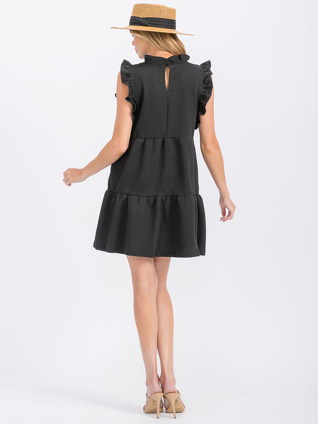 WOMEN'S RUFFLE SLEEVE FRONT POCKETS TIERED MINI DRESS