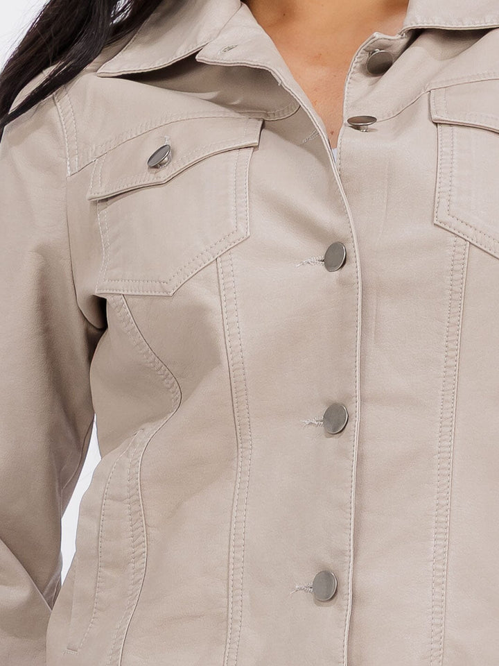WOMEN'S LONG SLEEVE BUTTON CLOSURE FRONT POCKETS PU PLEATHER JACKET