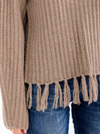 WOMEN'S LONG SLEEVE FRINGE TRIM PULLOVER KNIT SWEATER