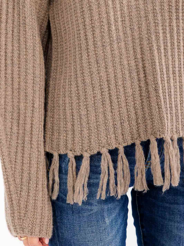 WOMEN'S LONG SLEEVE FRINGE TRIM PULLOVER KNIT SWEATER