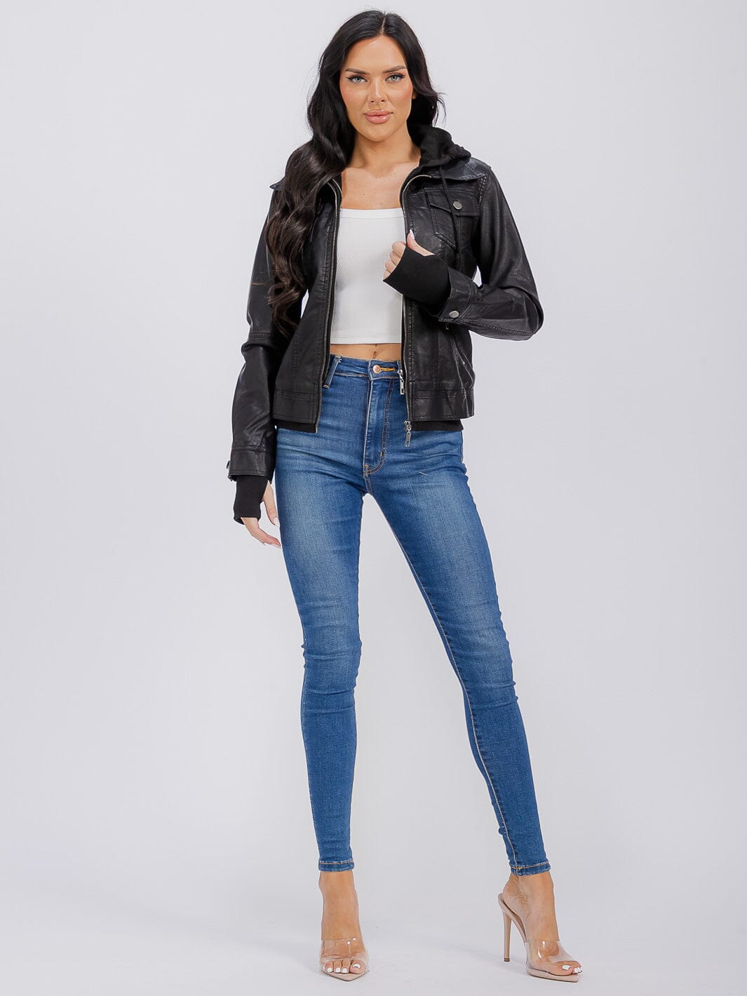 WOMEN'S LONG SLEEVE REMOVABLE HOODIE ZIPPER CLOSURE FRONT POCKETS PU PLEATHER JACKET