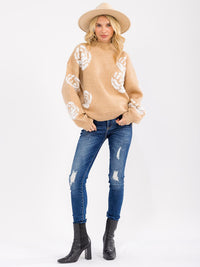WOMEN'S LONG SLEEVE FLOWER PRINT PULLOVER SWEATER