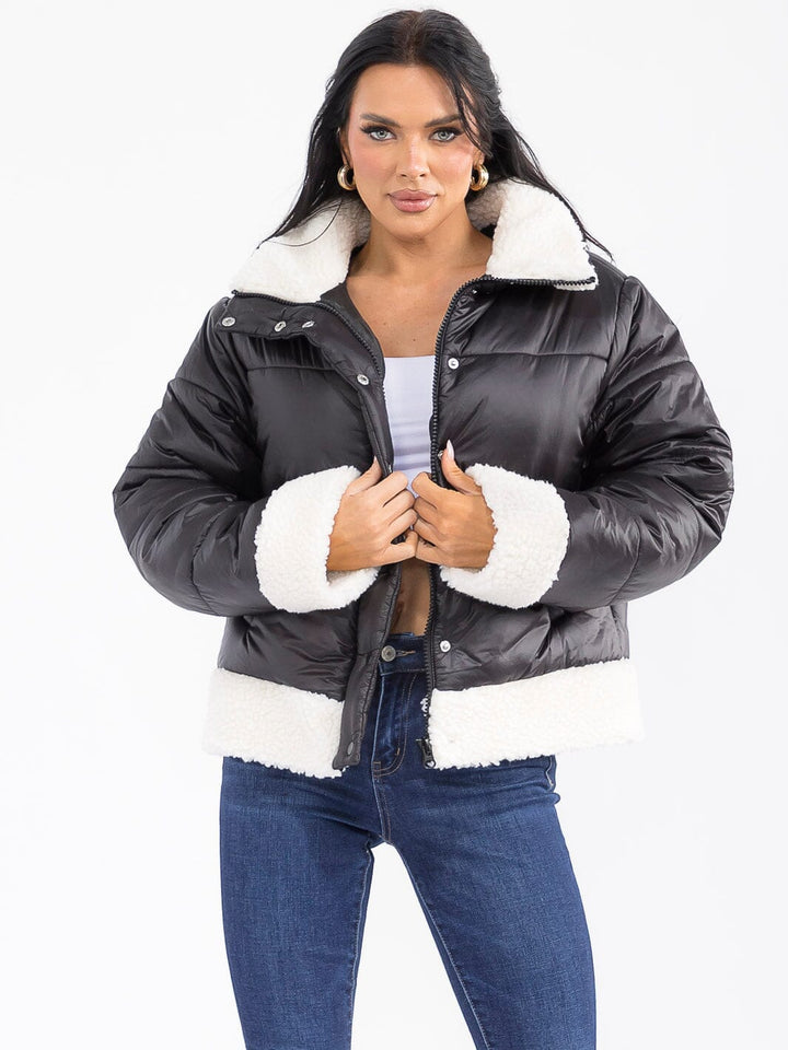 WOMEN'S LONG SLEEVE BUTTON CLOSURE FRONT POCKETS SHERPA PUFFER JACKET